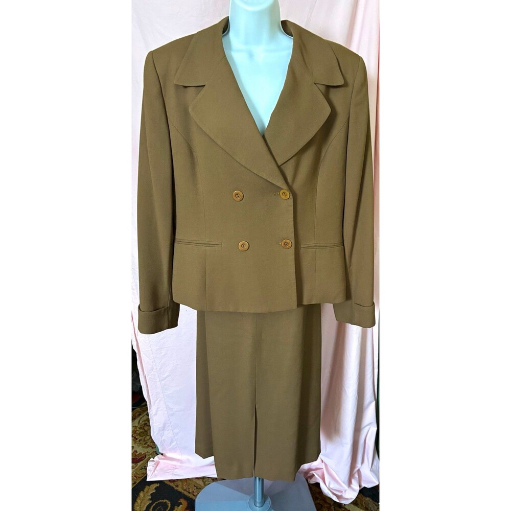 Jones New York Suit 12 Brown 100% Wool Double Breasted Blazer Pencil Skirt